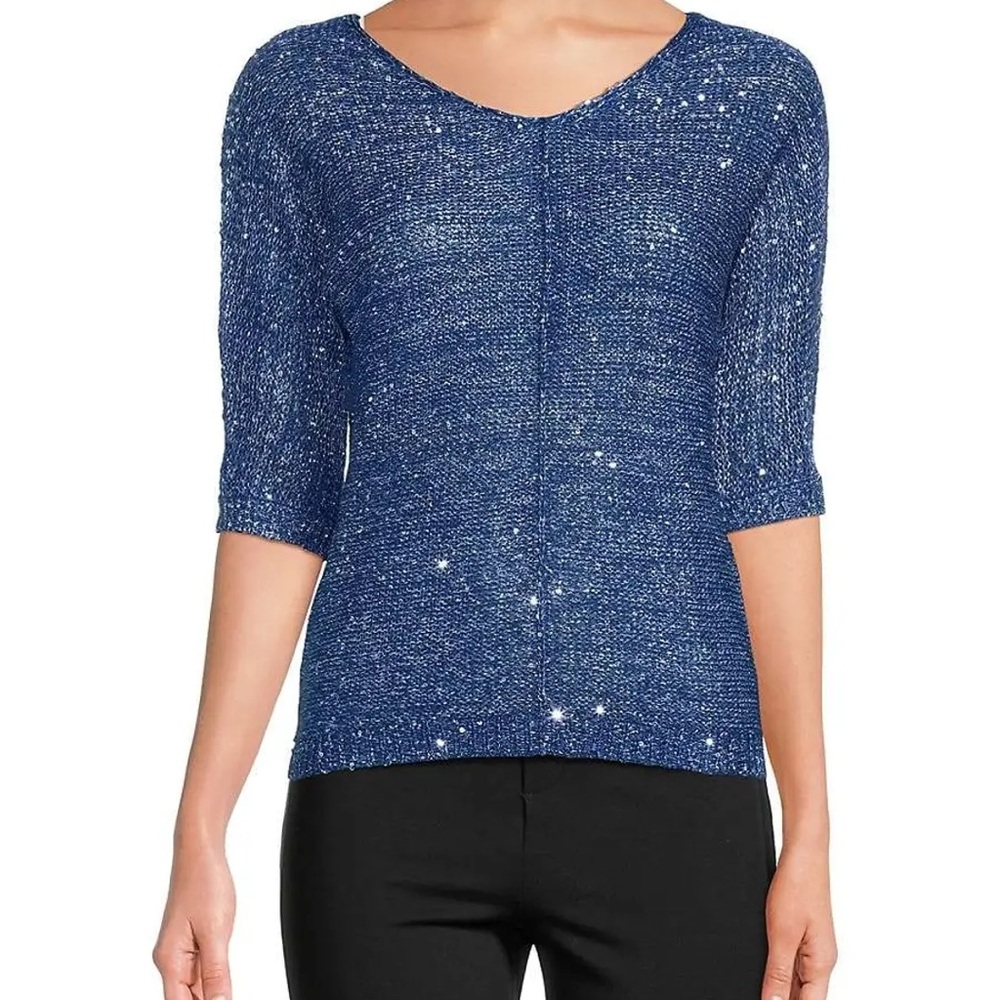 H by Halston Blue Sequin Knit Top Medium NWOT Sparkle Party Blouse
